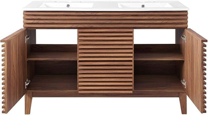 Pemberly Row 48" Modern Wood Double Sink Bathroom Vanity, Walnut/White Finish, MDF and Particleboard Construction, Ceramic Sink Basin, Mid-Century Style, Tapered Legs, Ample Storage for Bathroom Use
