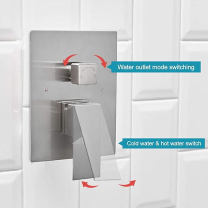 BWE 16 Inch Square Bathroom Luxury Rain Mixer Shower Combo Set Shower Kit Wall Mounted Rainfall Shower Head System Brushed Nickel Shower Faucet Rough-in Valve Body and Trim Included