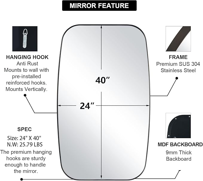 Bronze Bathroom Mirror, 24x40 Inch Bronze Oval Mirror for Bathroom with Stainless Steel Metal Frame, Oblong Mirror for Bathroom, Living Room, Entryway