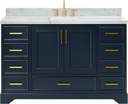 DKB Langford 54-inch Midnight Blue Bathroom Vanity with Center Rectangle Single Sink, Italian Carrara Marble Countertop & Backsplash, Solid Wood Frame, Soft-Closing & Dovetail Drawers