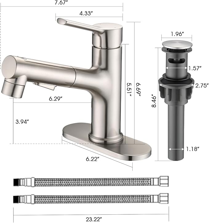 Bathroom Sink Faucet with Pull Out Sprayer, Single Handle Modern Bathroom Basin Faucet with Pop-up Sink Drain Stopper & Deck Plate 1 or 4-inch Centerset 3 Hole, Brushed Nickel