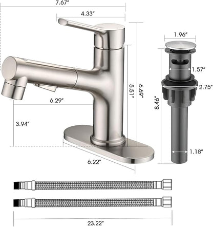 Bathroom Sink Faucet with Pull Out Sprayer, Single Handle Modern Bathroom Basin Faucet with Pop-up Sink Drain Stopper & Deck Plate 1 or 4-inch Centerset 3 Hole, Brushed Nickel