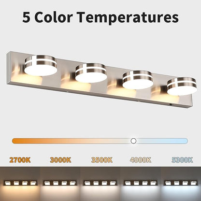 Brushed Nickel Vanity Lights for Bathroom 4-Light 5CCT Dimmable | 30in 24W LED Bath Lighting Fixture, Modern Wall Mounted Lighting Fixture for Dressing Room Cabinet