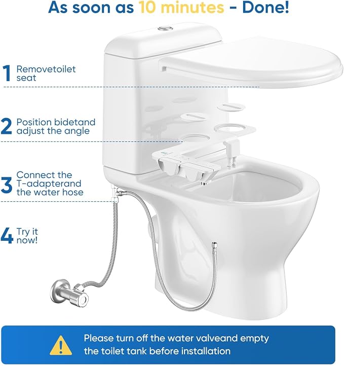Ultra-Slim 3-in1 Bidet, Self-Cleaning, Posterior&Feminine Wash-(Retractable Dual Nozzles), Non-Electric Bidet Attachment for Toilet Seat, Adjustable Fresh Cold Water Pressure, Stainless Steel Inlet