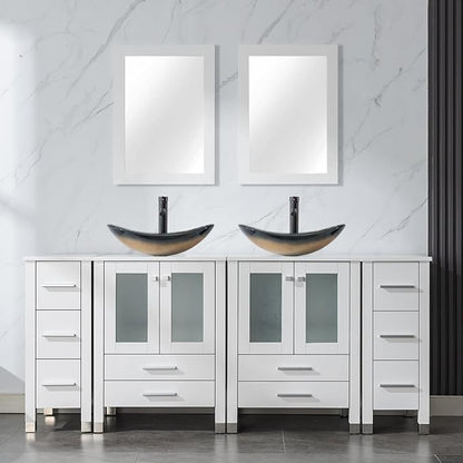 LUCKWIND 72" Double 24-in Bathroom Vanity with Sink Combo, Elegant Series with Two 12.6-in Side Cabinets, Painted Frame, Including Champagne Boat Sinks, Faucets Without Mirrors, White