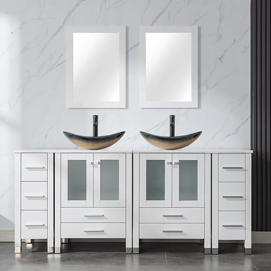 LUCKWIND 72" Double 24-in Bathroom Vanity with Sink Combo, Elegant Series with Two 12.6-in Side Cabinets, Painted Frame, Including Champagne Boat Sinks, Faucets Without Mirrors, White