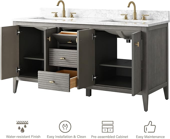 HOMEBEYOND 60" Bathroom Vanity with Double Sink, Solid Wood Bathroom Vanity Free-Standing Cabinet, Ceramic Top & Soft Closing Door, Golden Brushed Handware, Driftwood Gray
