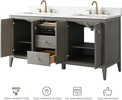 HOMEBEYOND 60" Bathroom Vanity with Double Sink, Solid Wood Bathroom Vanity Free-Standing Cabinet, Ceramic Top & Soft Closing Door, Golden Brushed Handware, Driftwood Gray