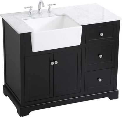 42" Pre-Assembled Bathroom Vanity with Sink, Solid Birch and MDF, Carrara White Marble Countertop Attached, Single Rectangle Porcelain Sink, 3 Soft-Close Drawers, Black