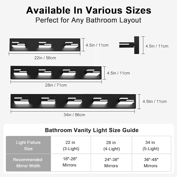 LED Modern Bathroom Vanity Light Fixtures 3-Light 5CCT Dimmable Matte Black Vanity Lights for Bathroom Lighting Fixtures Over Mirror, with 350° Rotatable Acrylic Heads, 22-inch