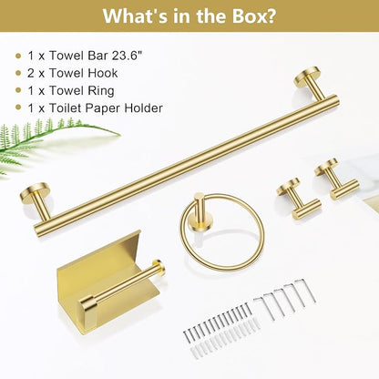 TQKAG 5 Piece Bathroom Hardware Set, Brushed Gold Bathroom Accessories | SUS304 Stainless Steel, 23.6" Brushed Gold Toilet Paper Holder with Shelf, Towel Racks for Bathroom Wall Mounted, Towel Bars