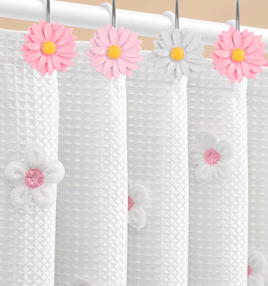Daisy Flower Shower Curtain Hooks, 12PCS Stainless Steel Anti Rust Sunflower Shower Curtain Hooks Floral Decorative Curtain Hanger Hooks for Living Room Bathroom Decor (Mixed Color)