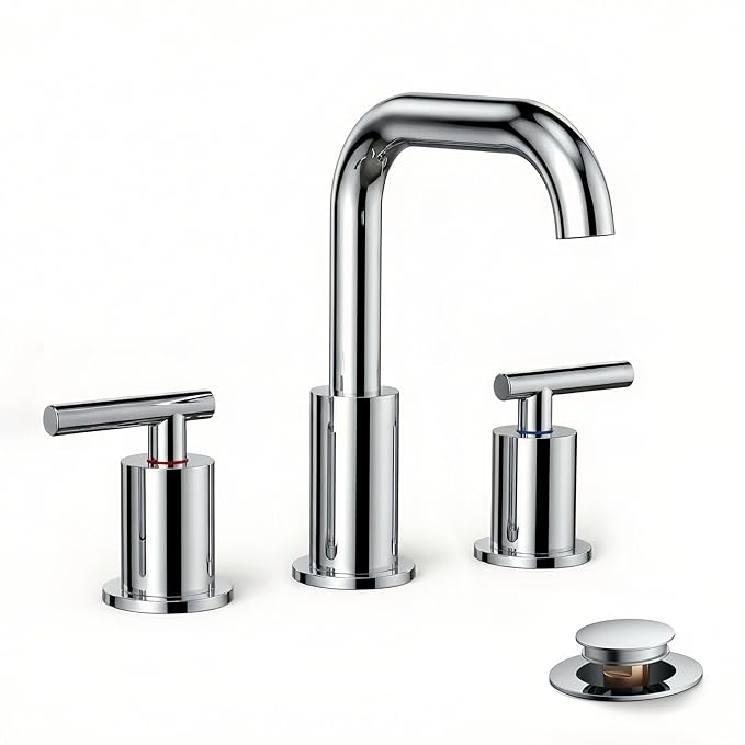 FORIOUS Bathroom Sink Faucet Chrome, 3 Hole Widespread Bathroom Faucets for Vanity Restroom RV Lavatory,with Pop Up Drain and Hoses
