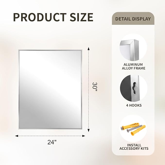 FICTOR Bathroom Vanity Mirror for Over Sink, 24" x 30", Silver | Anti-Rust Frame, Shatterproof Tempered Glass, Vertical/Horizontal Wall Mounted Mirror for Bedroom, Entryway, Living Room