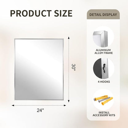 FICTOR Bathroom Vanity Mirror for Over Sink, 24" x 30", Silver | Anti-Rust Frame, Shatterproof Tempered Glass, Vertical/Horizontal Wall Mounted Mirror for Bedroom, Entryway, Living Room
