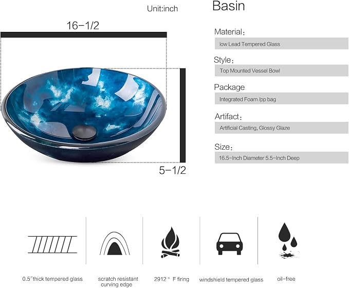 Bathroom Artistic Vessel Sink, Tempered Glass Vanity Round Bowl, Ocean Blue | Black Faucet, Pop Up Drain, Above Counter, Easy Clean