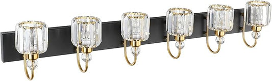 Ralbay Crystal Vanity Lights 6-Lights Modern Crystal Bathroom Vanity Lights Over Long Mirror Modern Black Gold Bathroom Vanity Lighting Fixtures