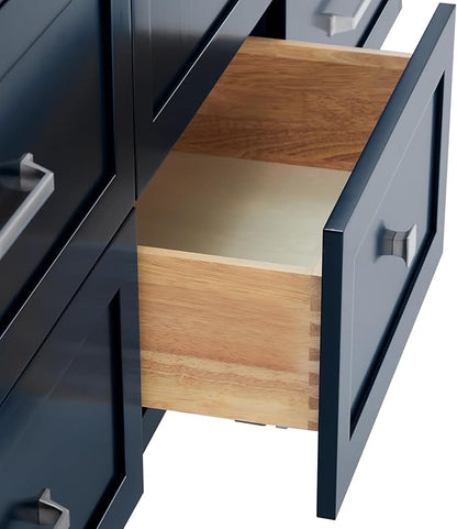 ARIEL Monroe 66-inch Bathroom Vanity with Sink,Solid Wood, 1.5-inch Pure White Quartz Countertop & Backsplash, Double Oval Porcelain Sink, 9 Dovetail Drawers, Brushed Nickel, Midnight Blue