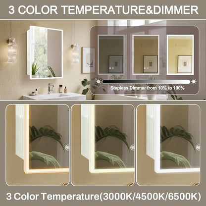 LED White Medicine Cabinet with Light,16×24inch,Recess Mirror Cabinet for Bathroom,3 Color,Dimmable,Demister,Detachable Side Plate,Recess Mount or Surface Mount