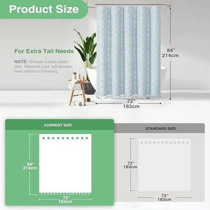 Extra Long Boho Shower Curtain Tufted Geometric 72"x84" Fog Blue | 84 Inch Tall, Elegant Tassel, Lightweight Textured Fabric, Water Repellent, Washable, Hotel Spa, for Bathroom/Dorm 12 Hooks