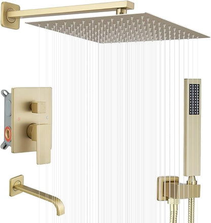 Brushed Gold Shower Faucet Set with Tub Spout Bathroom Rainfall 12 Inch Shower Head System with Handheld Single Handle Shower Trim Kit with Rough-in Valve