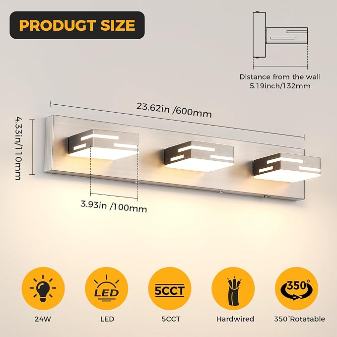 3-Light 5CCT Modern Bathroom Vanity Light Fixtures, 24-Inch 350° Rotatable LED Vanity Lights Over Mirror, Dimmable Brushed Nickel Wall Sconce with Frosted Acrylic Shade