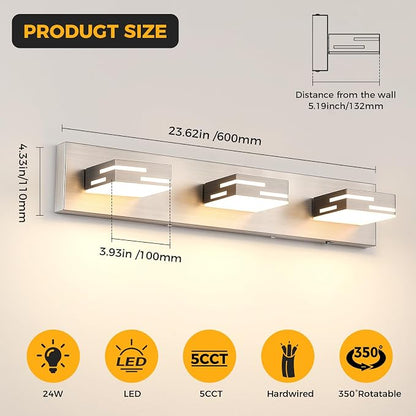 3-Light 5CCT Modern Bathroom Vanity Light Fixtures, 24-Inch 350° Rotatable LED Vanity Lights Over Mirror, Dimmable Brushed Nickel Wall Sconce with Frosted Acrylic Shade
