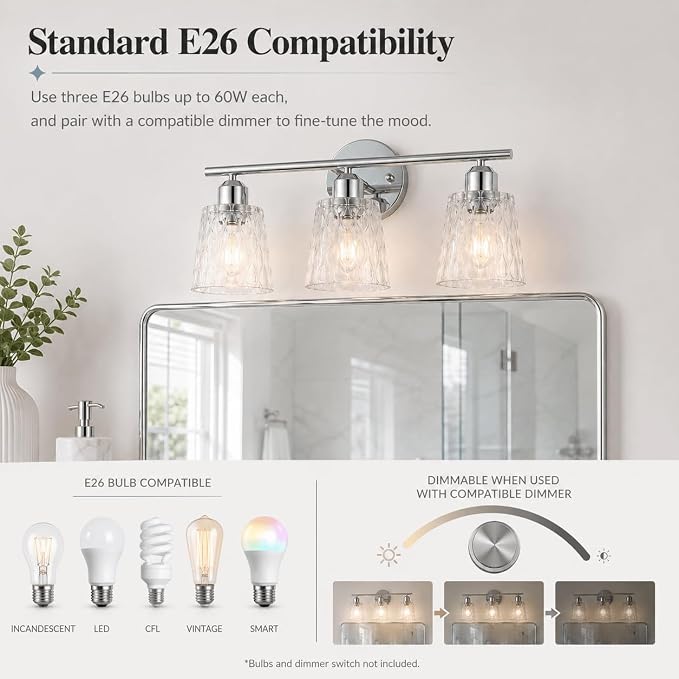 Chrome 3 Light Bathroom Vanity Lights with Textured Glass Shades, E26 Sockets, Bathroom Light Fixtures Over Mirror, Modern Lighting Fixtures Wall Lamp Vanity Lights