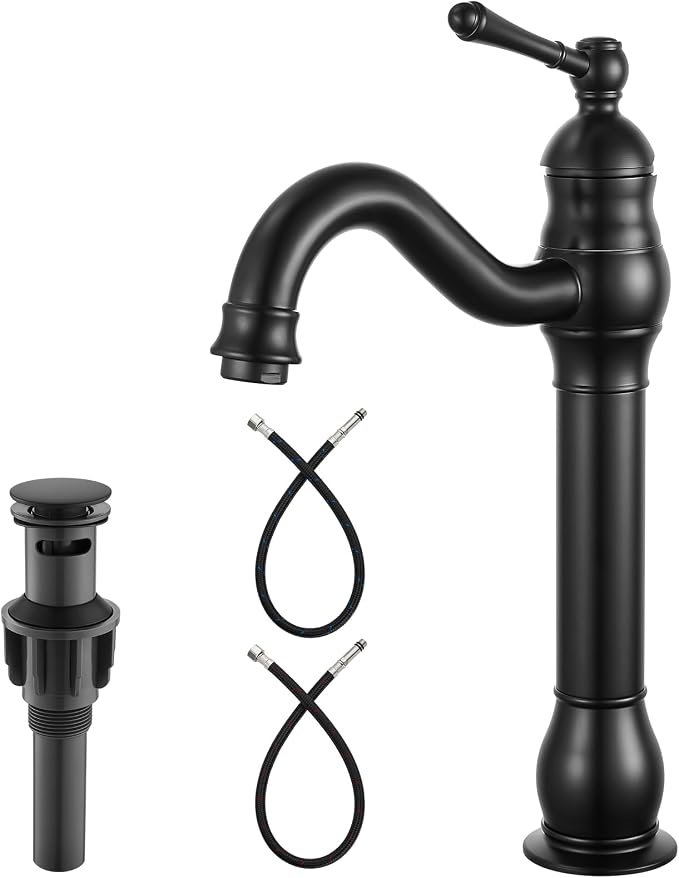 Heyalan Tall Vessel Sink Faucet, Single Handle 1-Hole,Matte Black | SUS304 stainless steel, 360° swivel spout, includes pop-up drain & hoses, deck mount 1-hole, tall design for vessel sink