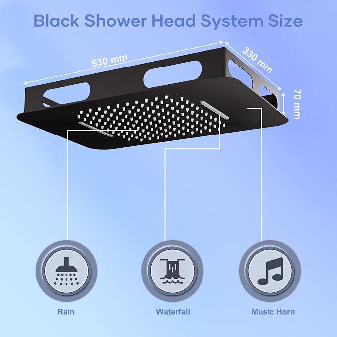 Thermostatic Rain Shower System, Black Multi Shower Head System with Body Jets, 23Inch Ceiling Mounted Full Body Rainfall Waterfall Shower System with Handheld, Tub Spout, LED Light and Music