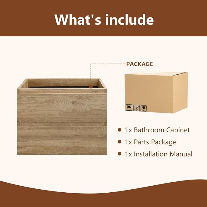 Wall-Mounted Bathroom Vanity with 2 Soft-Close Drawers – Moisture-Resistant MDF, Space-Saving Design for Modern Bathrooms (Nature Without Sink, 24)