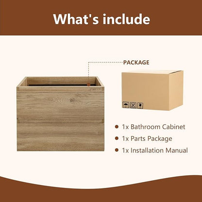 Wall-Mounted Bathroom Vanity with 2 Soft-Close Drawers – Moisture-Resistant MDF, Space-Saving Design for Modern Bathrooms (Nature Without Sink, 24)