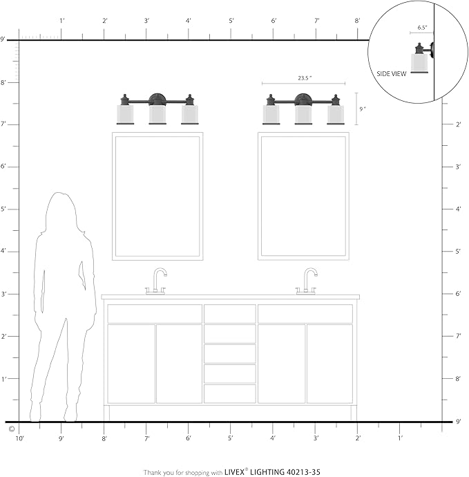 Livex Lighting 40213-35 Middlebush Collection 3-Light Bathroom Vanity Light with Double Shaded Hand Crafted Glass Shades, Polished Nickel, 23.5 x 6.5 x 9