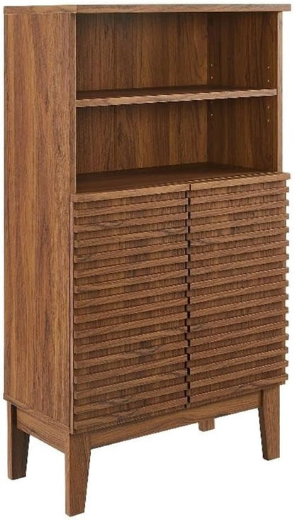 Modway Render Freestanding Bathroom Storage Cabinet in Walnut - 43 Inch Linen or Towel Cabinet with Slatted Doors