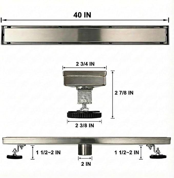 Linear Shower Floor Drain, 40 Inch Brushed Nickel 304 Stainless Steel Bathroom Drains Kit, Rectangular Shower Trench Drain with Reversable Tile-in Pattern Drain Cover & Hair Catcher