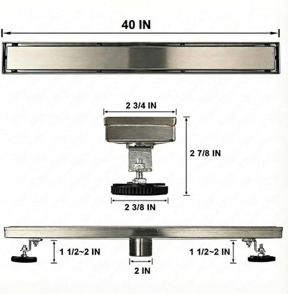 Linear Shower Floor Drain, 40 Inch Brushed Nickel 304 Stainless Steel Bathroom Drains Kit, Rectangular Shower Trench Drain with Reversable Tile-in Pattern Drain Cover & Hair Catcher