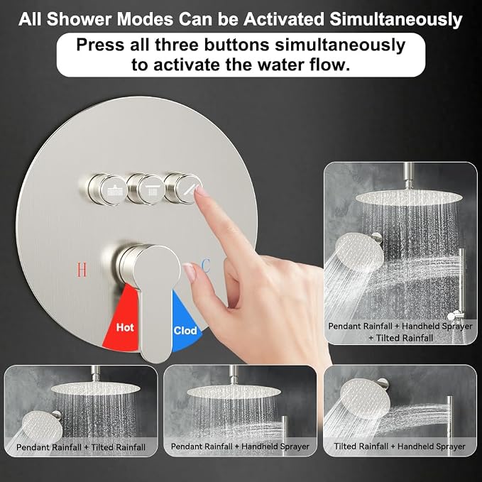 Shower Systems Round Shower Faucet Set, 12+6"Dual Rainfall Shower head with 2 in 1 Handheld Spray, Ceiling Mount Push Button with Shower Set Valve and Trim Kit Brushed Nickel,Can Use All at Once