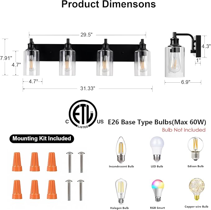 4-Light Bathroom Light Fixtures Modern Black Vanity Lights for Bathroom Lighting Fixtures Over Mirror for Cabinet Mirror Bedroom Hallway