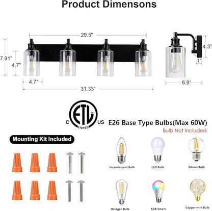 4-Light Bathroom Light Fixtures Modern Black Vanity Lights for Bathroom Lighting Fixtures Over Mirror for Cabinet Mirror Bedroom Hallway