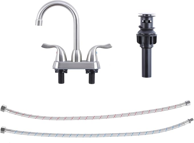 Brushed Nickel Bathroom Sink Faucet, 2 Handle 4 Inch Centerset Bathroom Faucet, 3 Hole Small Bathroom Sink Faucet with Supply Lines and Pop-up Drain, RV faucets for Camper Lavatory Vanity