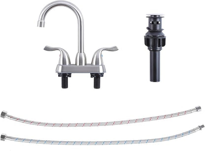 Brushed Nickel Bathroom Sink Faucet, 2 Handle 4 Inch Centerset Bathroom Faucet, 3 Hole Small Bathroom Sink Faucet with Supply Lines and Pop-up Drain, RV faucets for Camper Lavatory Vanity