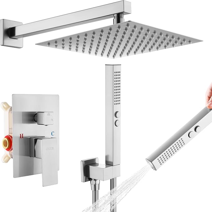 Rain Shower System, 10''Rain Head,2-Spray Handheld,Brushed Nickel | 2 Spray Functions,Anti-Tangle Explosion-proof PVD Hose,Balance Temp Valve,Rust-proof & Scratch-resistant