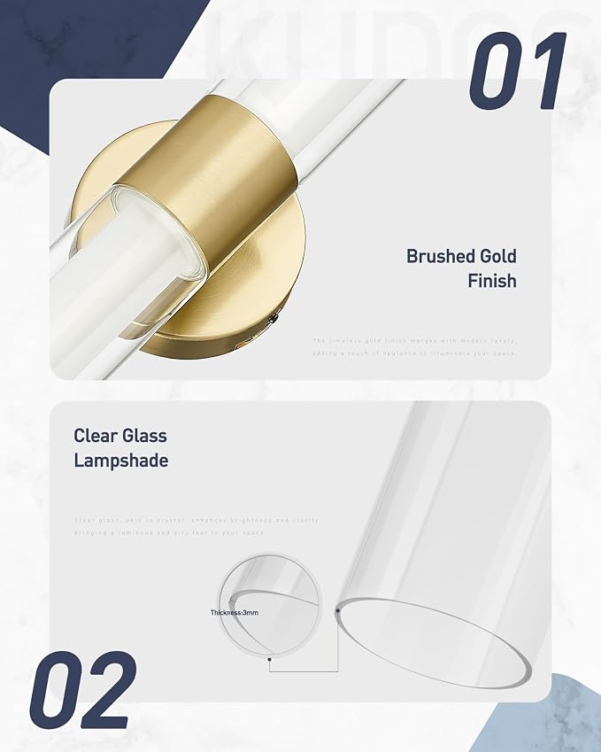 kudos Brushed Gold LED Vanity Light, Clear and Frosted Glass, KDVL06-GD-2 | 11W,1100 Lumens, 3000K, 4500K and 6000K Selectable, Hardwired, for Bathroom, Bedroom and Over Mirror