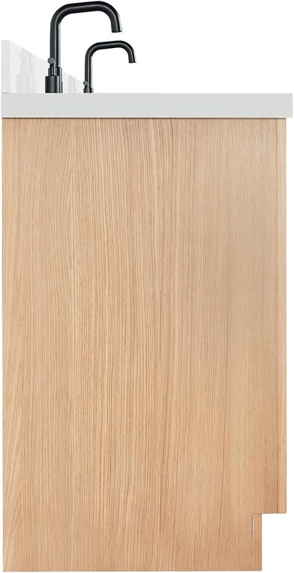 ARIEL Hepburn 60-inch Bathroom Vanity with Sink,Solid Wood, 1.5-inch Pure White Quartz Countertop, Double Rectangular Porcelain Sink, 4 Soft Closing Doors, 6 Dovetail Drawers, White Oak