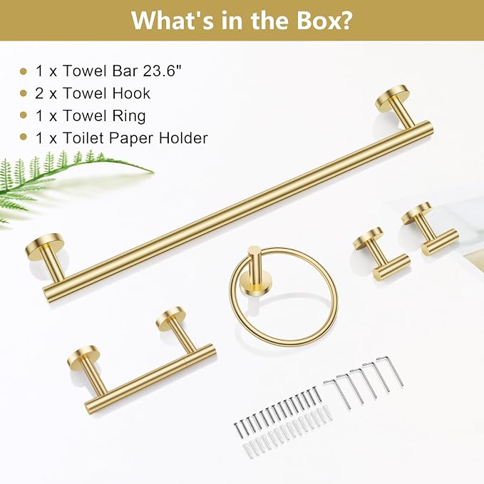 TQKAG Brushed Gold Bathroom Accessories, 5 Piece Towel Racks for Bathroom | 23.6" Bathroom Hardware Set, SUS304 Stainless Steel, Double Post Pivoting, Towel Hooks, Toilet Paper Holder Set Wall Mounted