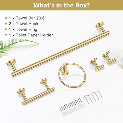 TQKAG Brushed Gold Bathroom Accessories, 5 Piece Towel Racks for Bathroom | 23.6" Bathroom Hardware Set, SUS304 Stainless Steel, Double Post Pivoting, Towel Hooks, Toilet Paper Holder Set Wall Mounted