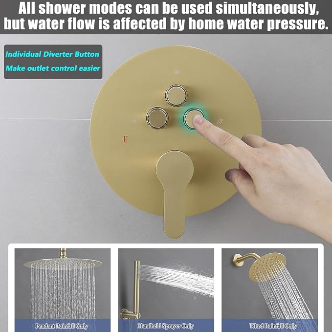 Shower Faucet Set Brushed Gold 12 Inch Round Ceiling Mount Rainfall Shower System with 2 Rain Shower Head and Handheld Head Push Button Diverter Shower Trim Kit and Rough-in Valve Body