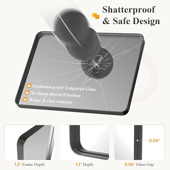 Sweetcrispy Bathroom Mirror 36x28 Inch, Vanity Mirror for Wall | Metal Framed Rounded Rectangle, Over Sink, Farmhouse, Restroom, Anti-Rust, Horizontal or Vertical Hanging, Black