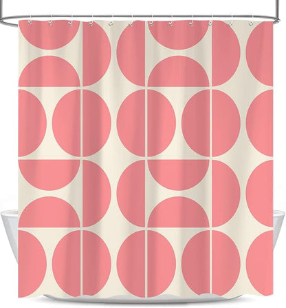 Pink Mid Century Modern Shower Curtain, Boho Abstract Geometric Retro Art Shower Curtains for Bathroom, Cute Semicircle Unique Pattern Polyester Fabric Bathroom Set 12 Hooks 72X72IN