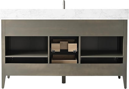 HOMEBEYOND 60" Bathroom Vanity with Single Sink, Solid Wood Bathroom Vanity Free-Standing Cabinet, Ceramic Top & Soft Closing Door, Golden Brushed Handware, Driftwood Gray